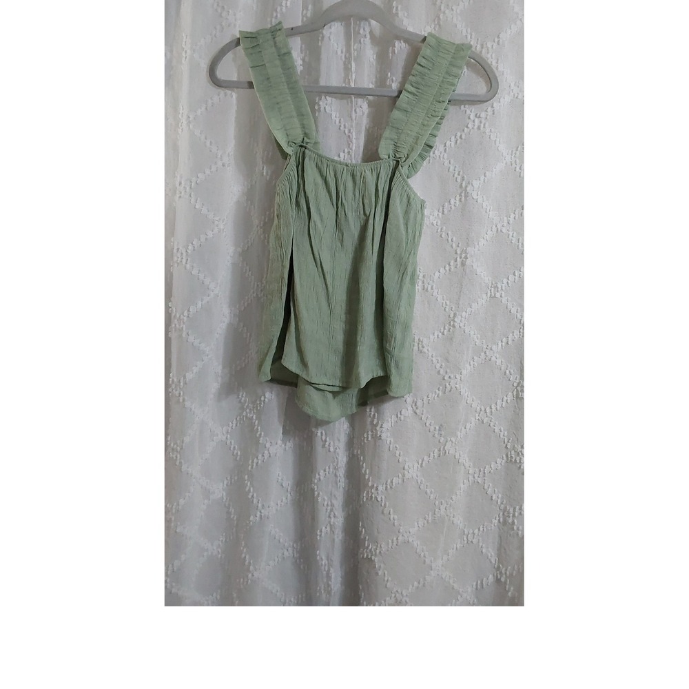 Beivy Sage Green Ruffle Strap Textured Crinkle Tank Top Medium Womens